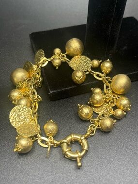 Vintage RJ Brazil Gold Tone Charm Bracelet Textured Bead Disc Bracelet Boho MCM